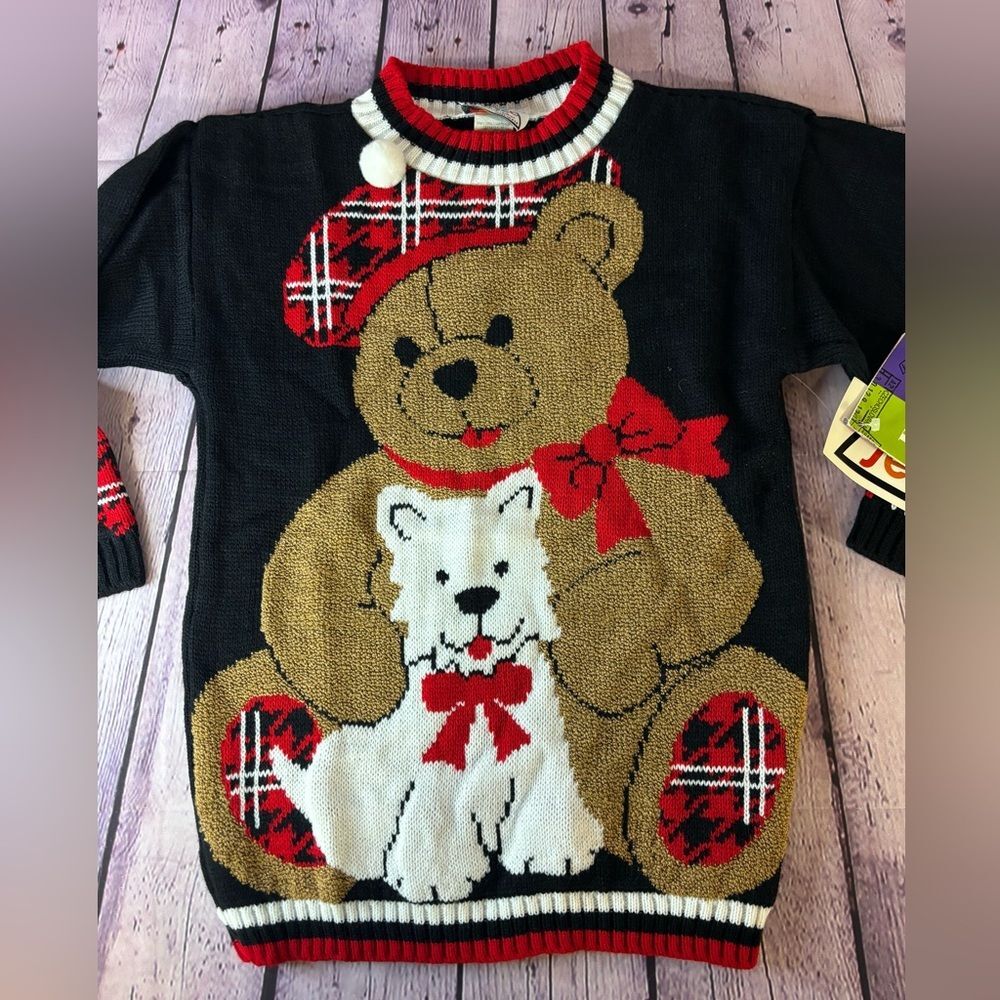NWT Vintage Black with Plaid Trim Teddy Puppy 90's Preppy Crew Neck Sweater S